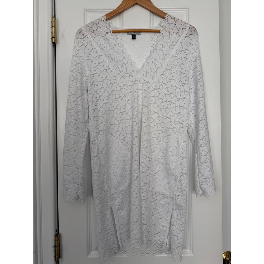 J. Valdi Woman's White Lace V-Neck Bell Sleeve Sheer Beach Cover Up Pockets M